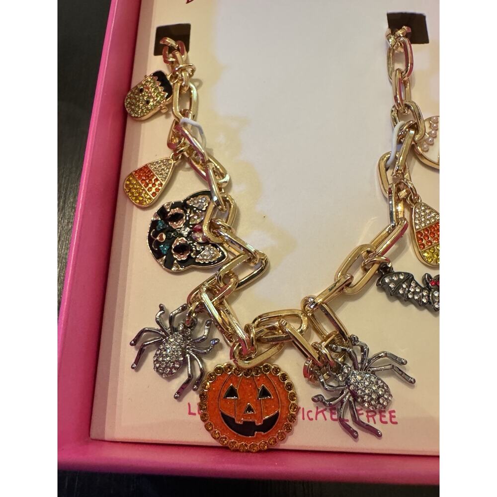 NIB Betsey Johnson Halloween Multi Charm Frontal Necklace Statement Pumpkin Cat - Picture 3 of 7